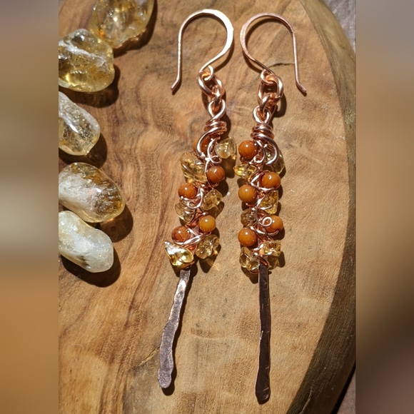 Artisan Jewelry - Artisan Earrings Hammered Copper With Hand Wrapped Jasper and Citrine Gemstones